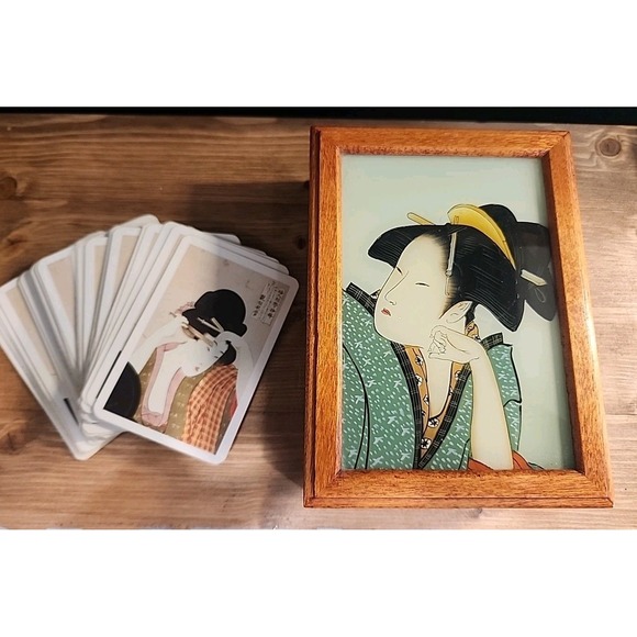 Other - Geisha Girl Asian Art Trinket Jewelry Wood Box 6 In X 4 In & Playing Cards